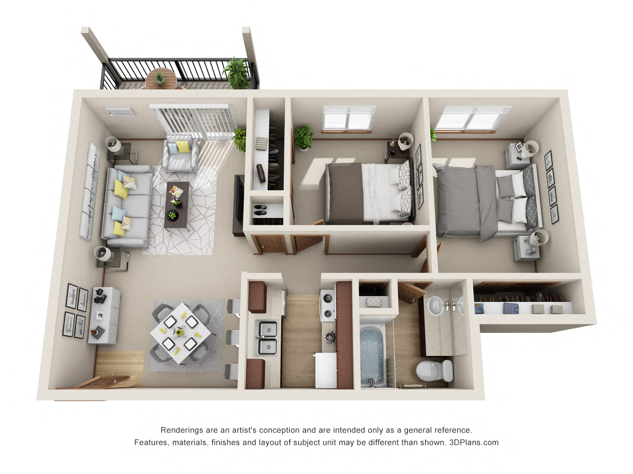 Floor plan for 2 beds, 1 bath, 792 sqft